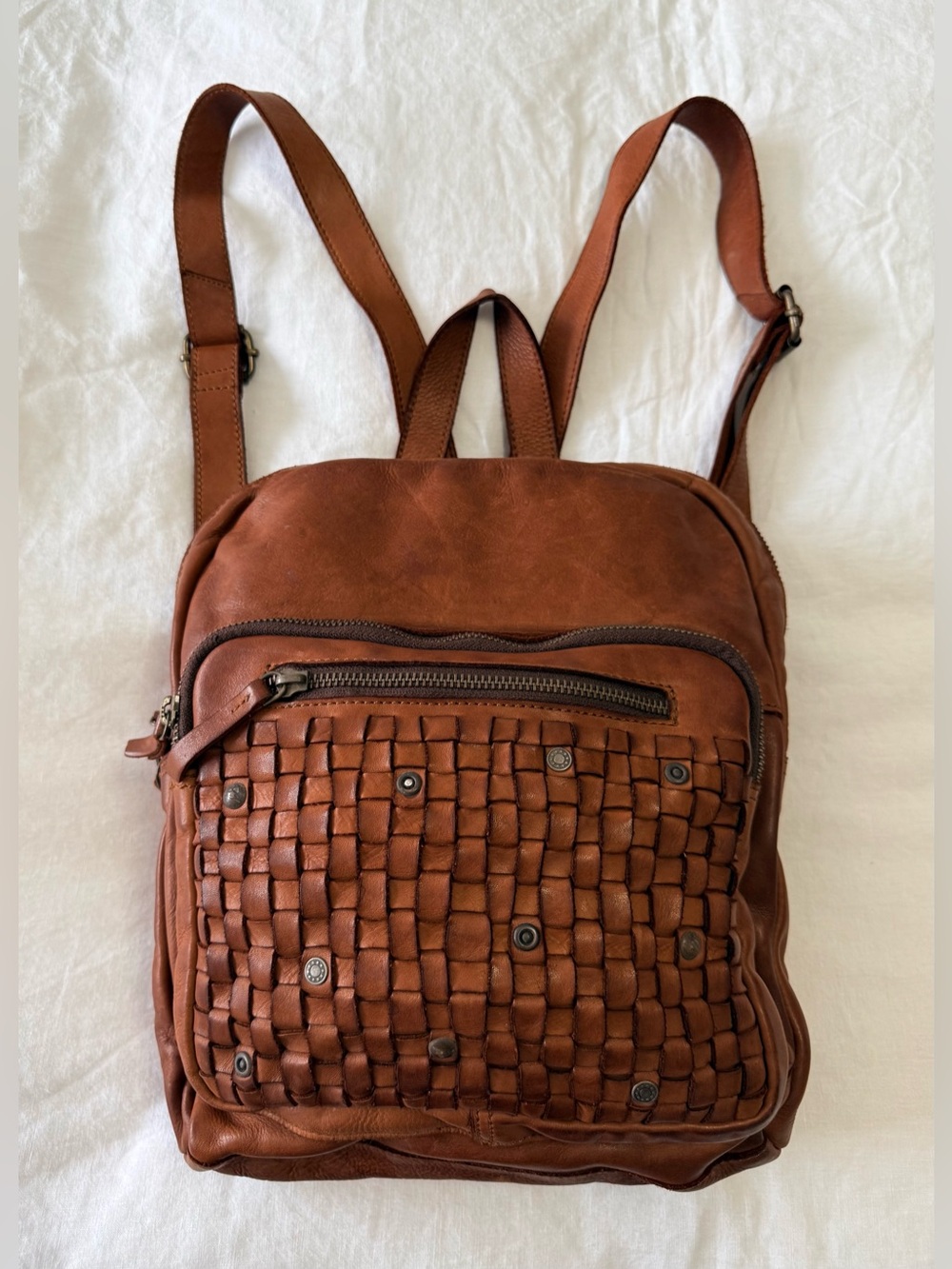Harbour 2nd | Brown Cognac Genuine Leather Woven Distressed Backpack